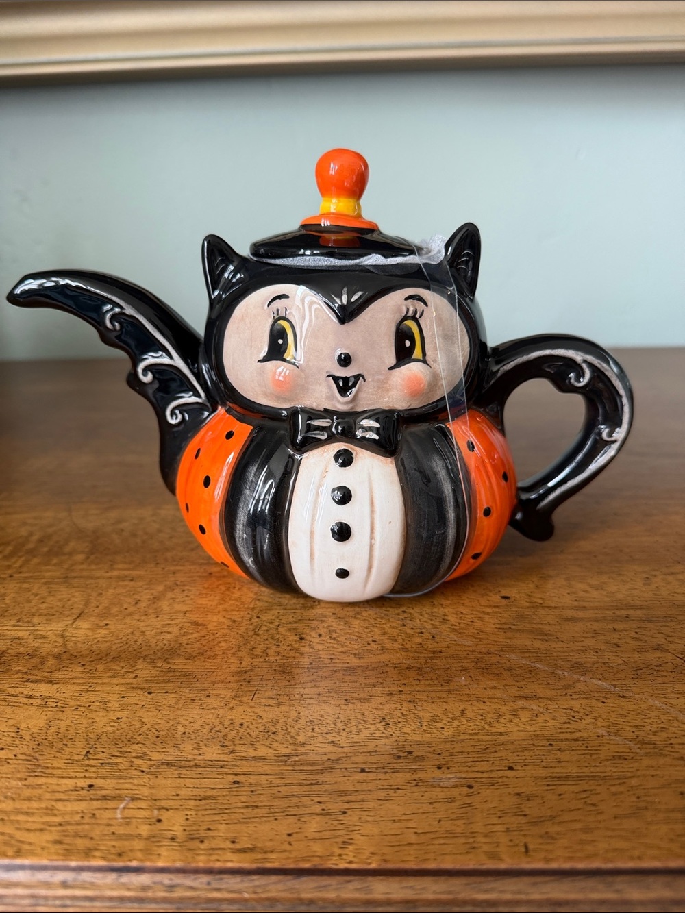Johanna Parker Halloween Black Cat Bat Teapot Ceramic Orange Black Vintage Style